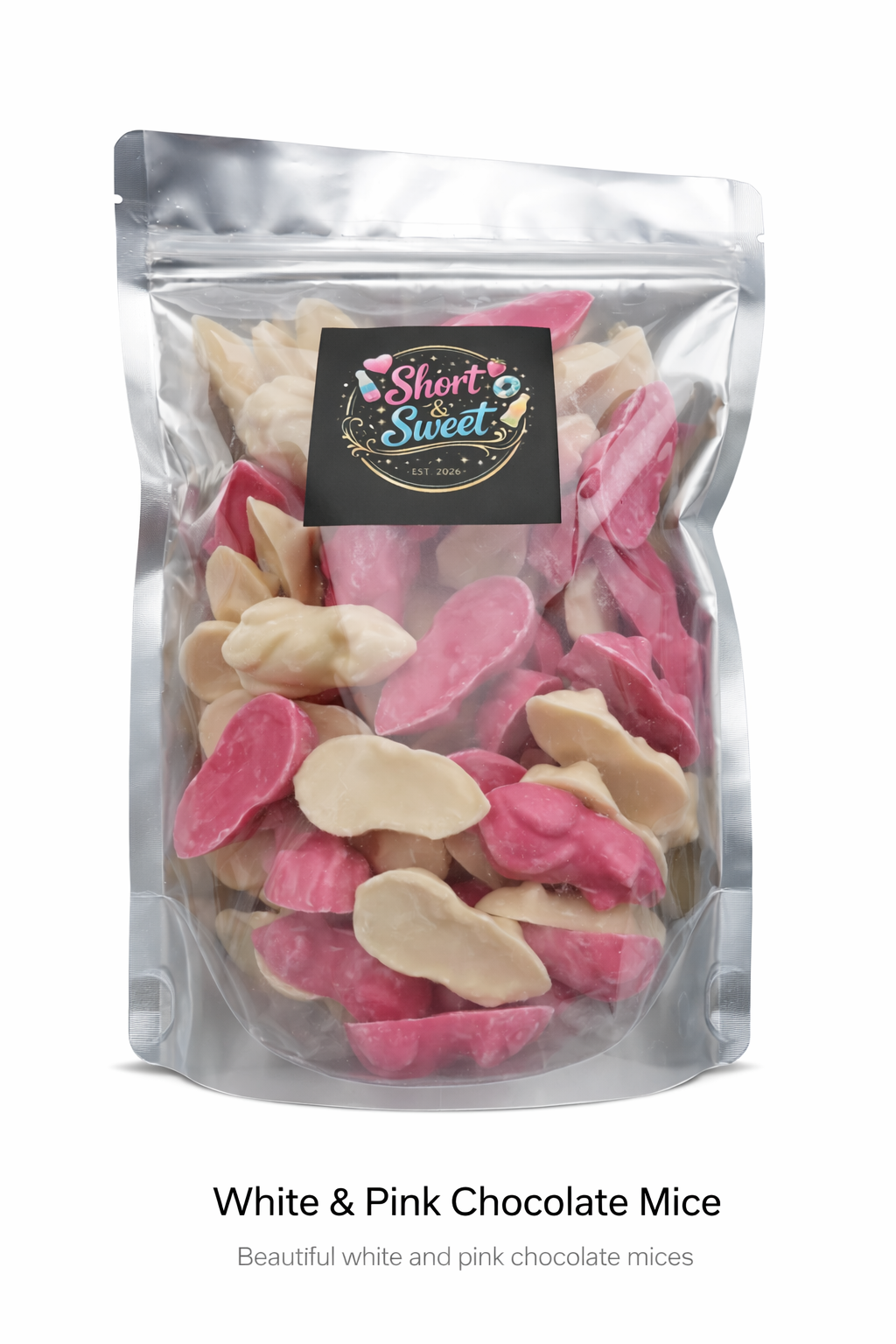 White & Pink Chocolate Mice – 500g Pouch.