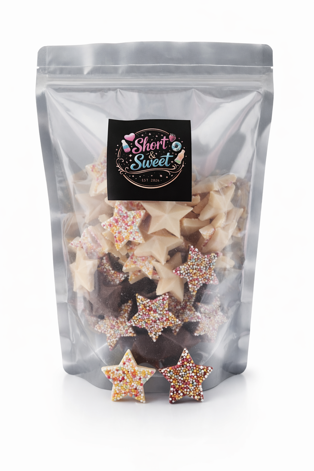 Hannah Chocolate Stars Mixed 500g Pouch – White & Milk Chocolate Vegeterian